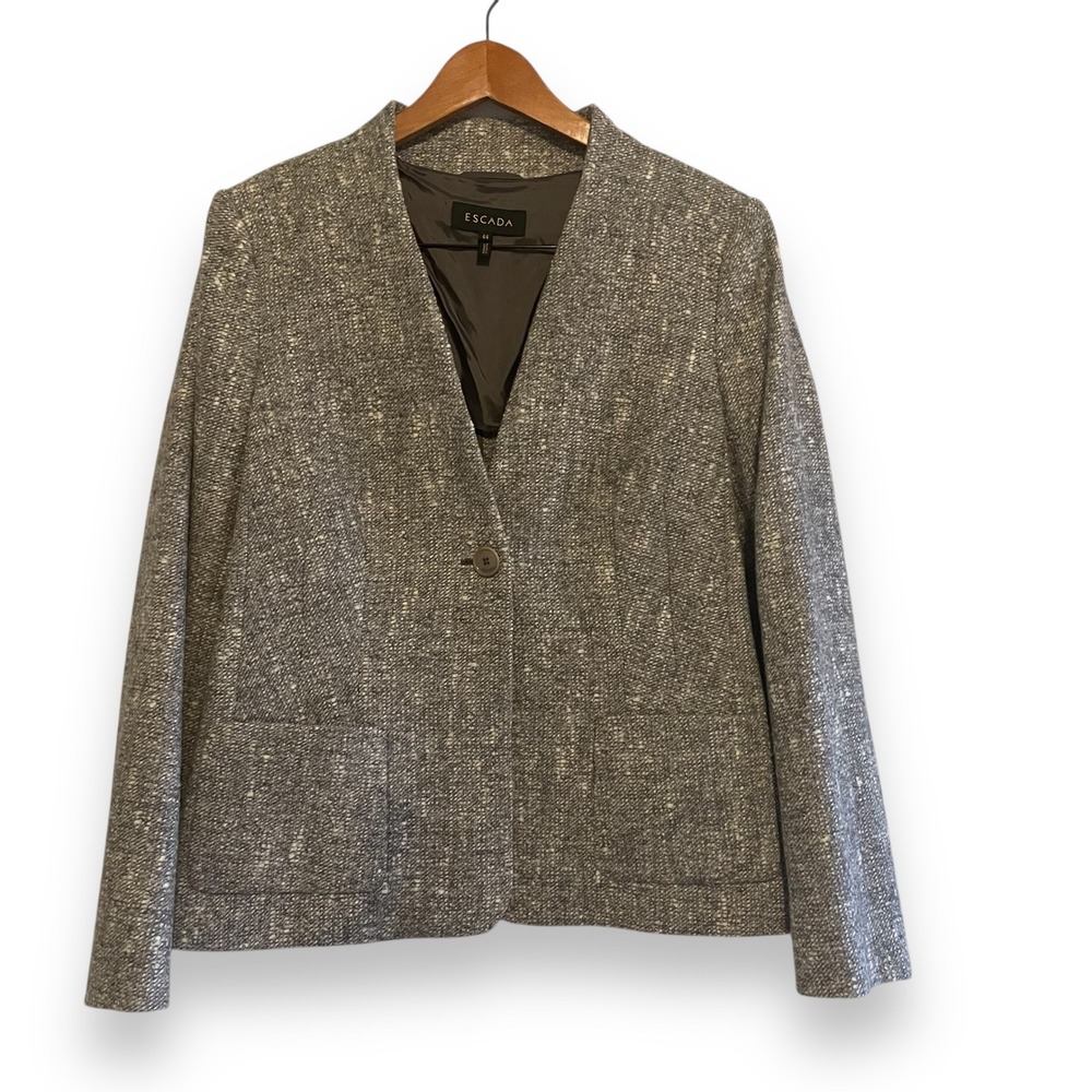 ESCADA Women's Tweed Blazer Jacket Gray Collarless Size XL 44 Virgin Wool Alpaca
